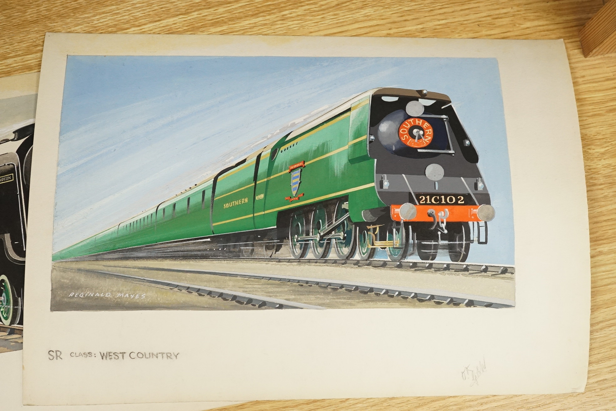Reginald Mayes, set of three original gouaches for postcard designs, steam locomotives, comprising LNER Class Streamlined Pacific, SR Class West Country and LNER Class A2, each signed, 24 x 34cm, unframed, 24 x 34cm. Con